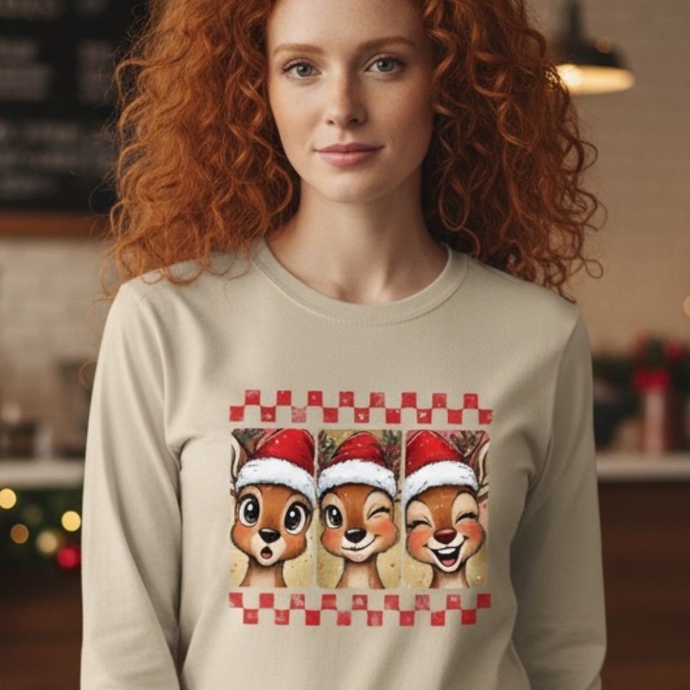 Holiday Selfie Reindeer Photobooth Funny Cute T-shirt long sleeve White S M L XL